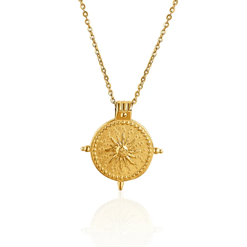 DORSYA Sun Kissed Gold Coin Necklace with sun symbol pendant on dainty chain