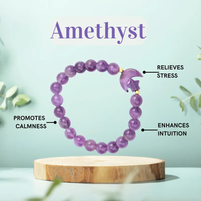 Turix Amethyst Moon Magic Bracelet with natural purple amethyst crystal beads on elastic band