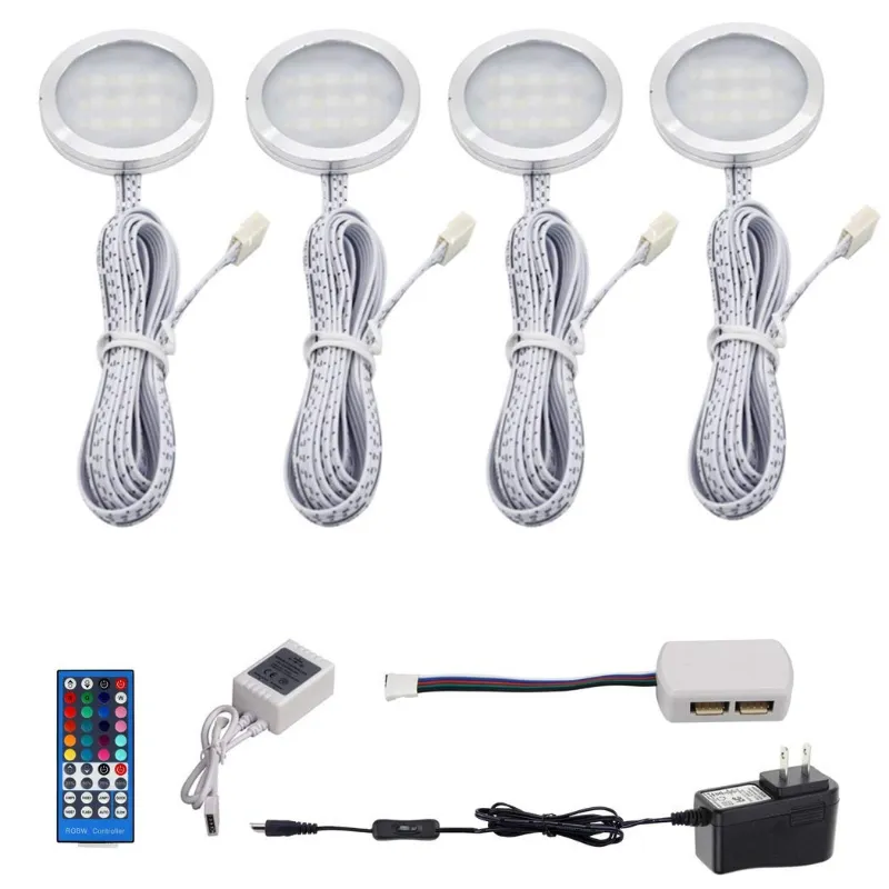 AIBOO RGBW Color Changing Christmas Under Cabinet LED Lights Kit IR Remote Puck Lamps for Kitchen Counter Furniture Accent Lighting (4 Light