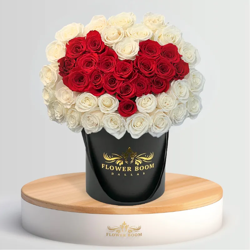 Flower Boom Dallas Red Heart Rose Box with white roses and red heart pattern