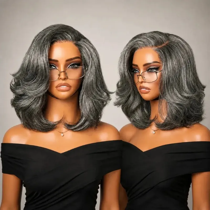 Hairsofly Shop (Artemis) Grey Layered Bob Human Hair Wig showing wavy grey bob with 5x5 lace closure