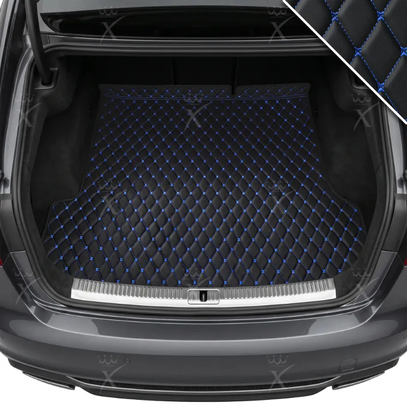 Luxus Car Mats Diamond Base trunk mat with black and blue diamond stitching fitted in a car cargo area