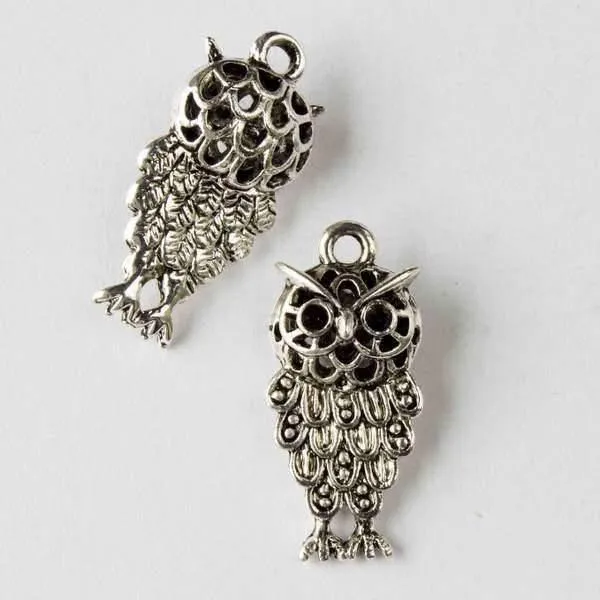 Cherry Tree Beads Silver Pewter Hollow Owl Charms, 12x25mm, pack of 2