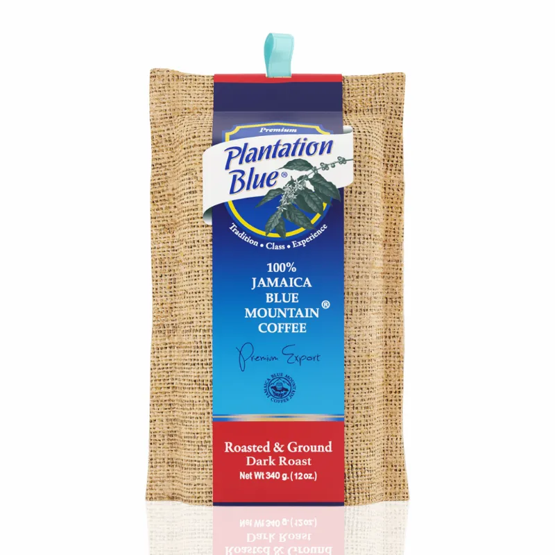 Plantation Blue Coffee 100% Jamaica Blue Mountain Coffee Dark Roasted & Ground 12oz bag in vacuum-sealed foil packaging