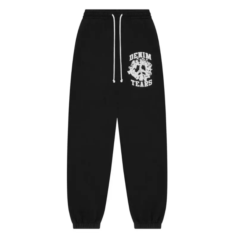 AfewVibe Denim Tears Denim University Sweatpants Black, black cotton sweatpants with puff screenprint