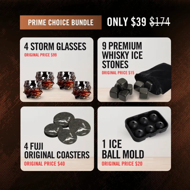TsukiGlass TsukiGlass Choice Whisky Bundle (Prime) featuring multiple storm crystal glasses and bar accessories