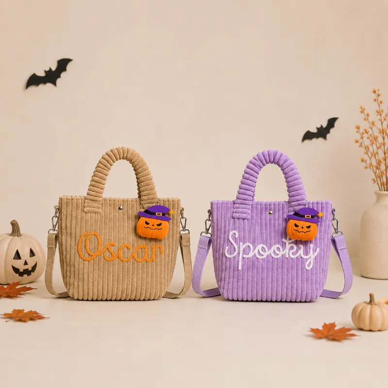 MamaRaya Personalized Corduroy Trick or Treat Bag with Halloween appliqués and crossbody strap