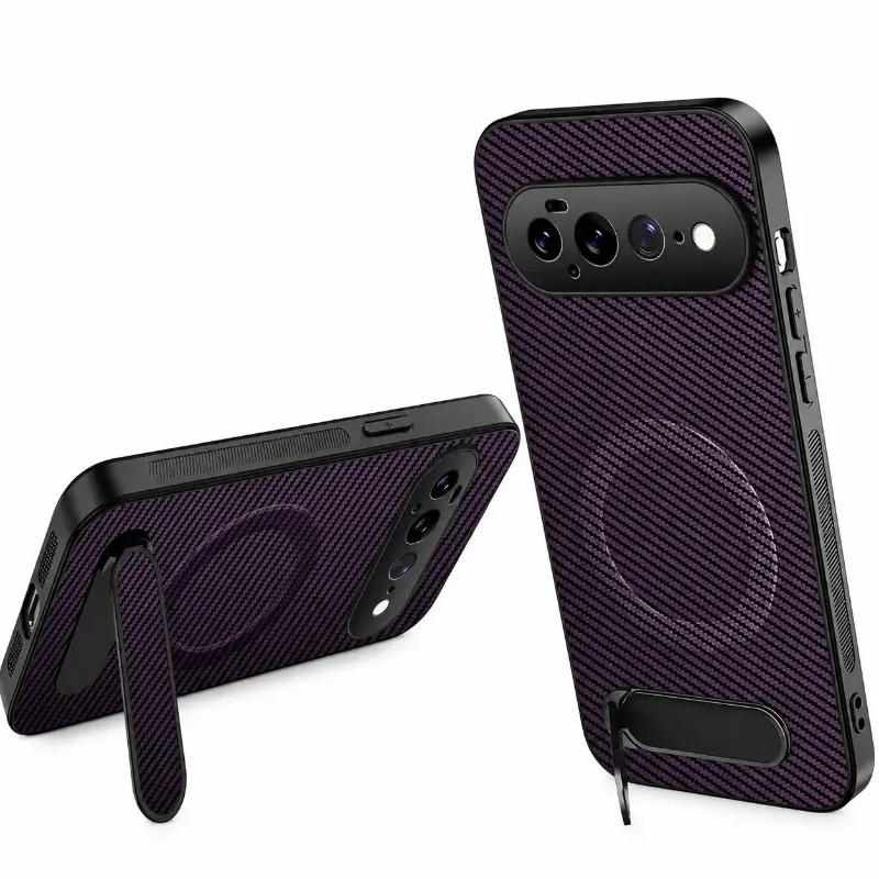 The Pixel Case Carbon MagSafe Stand Case For Pixel Series with kickstand extended and carbon fiber texture