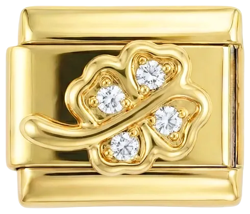Charms Official 4-leaf Clover and its Stem in Gold and White Stones charm