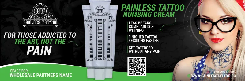 Painless Tattoo horizontal metal shop sign design 2 mounted on a wall