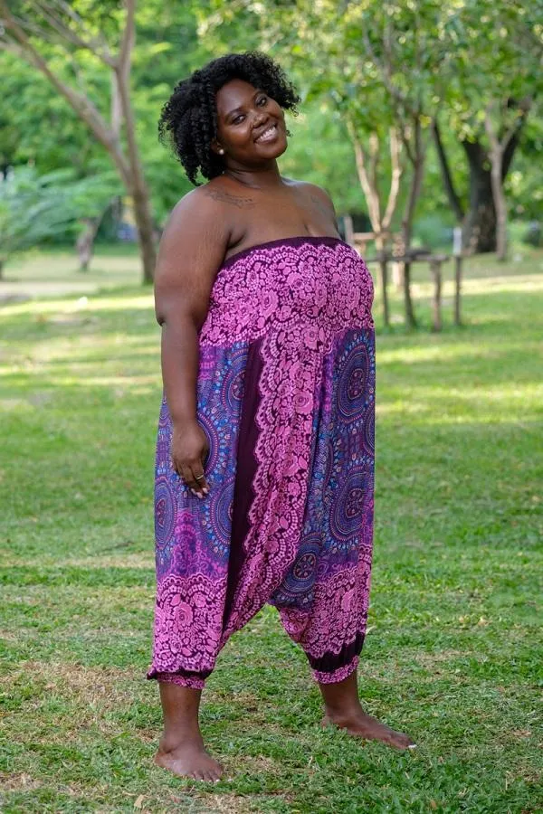Hippie Pants Plus Size Purple Blossom Pants, colorful harem pants with Thai pattern