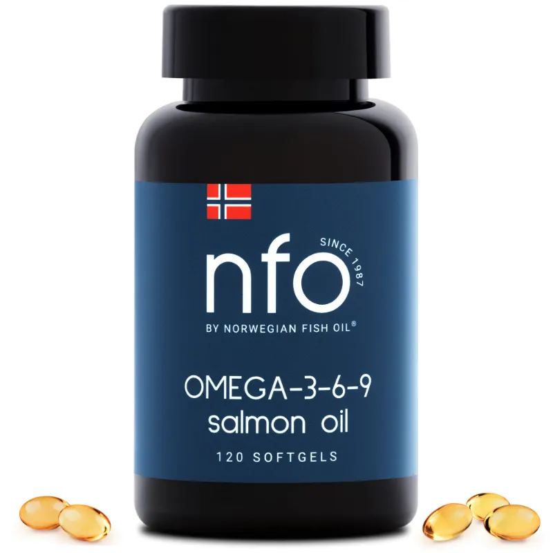 NFO Omega 3-6-9 Salmon Oil softgel supplement bottle