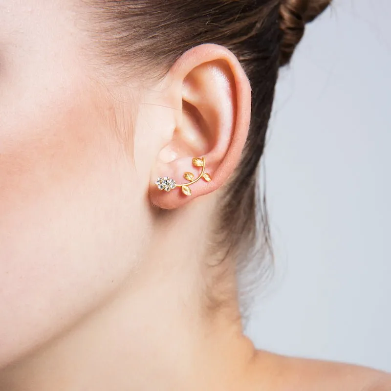Amorium Jewelry Brass Daisy Ear Cuffs & Climbers Earrings in Gold, pair of gold climber earrings with white daisy flowers and crystals