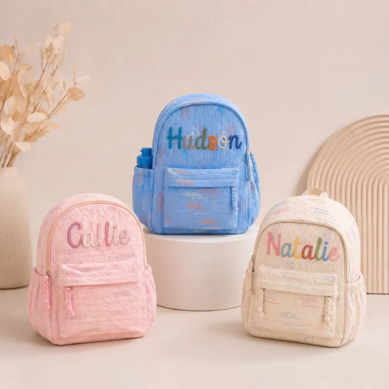 MamaRaya Personalized Kids Backpack in quilted fabric with custom name detail