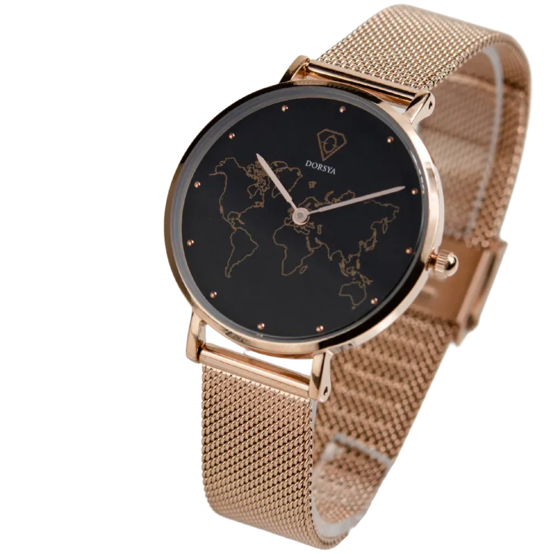 DORSYA Neptune Rose Gold World Map Watch with rose gold mesh strap showing world map dial