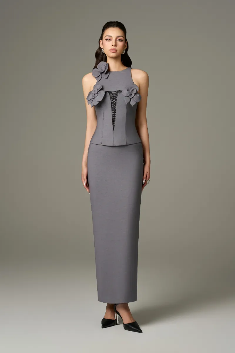 Kalisa Contour Dual Style Halter Bodycon Orchid Embellished Maxi Dress with halter neckline