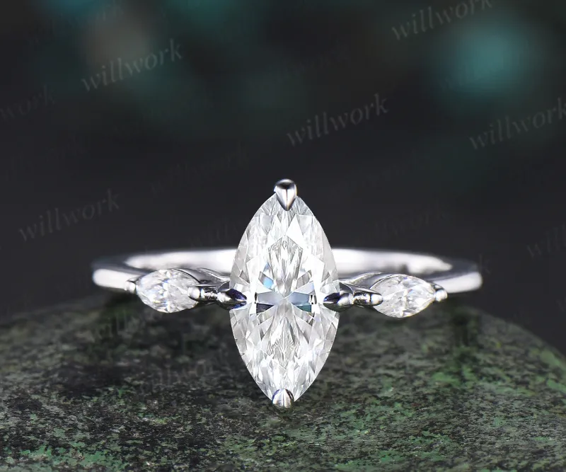 WillWork Jewelry 1ct Marquise cut moissanite engagement ring, three stone white gold band