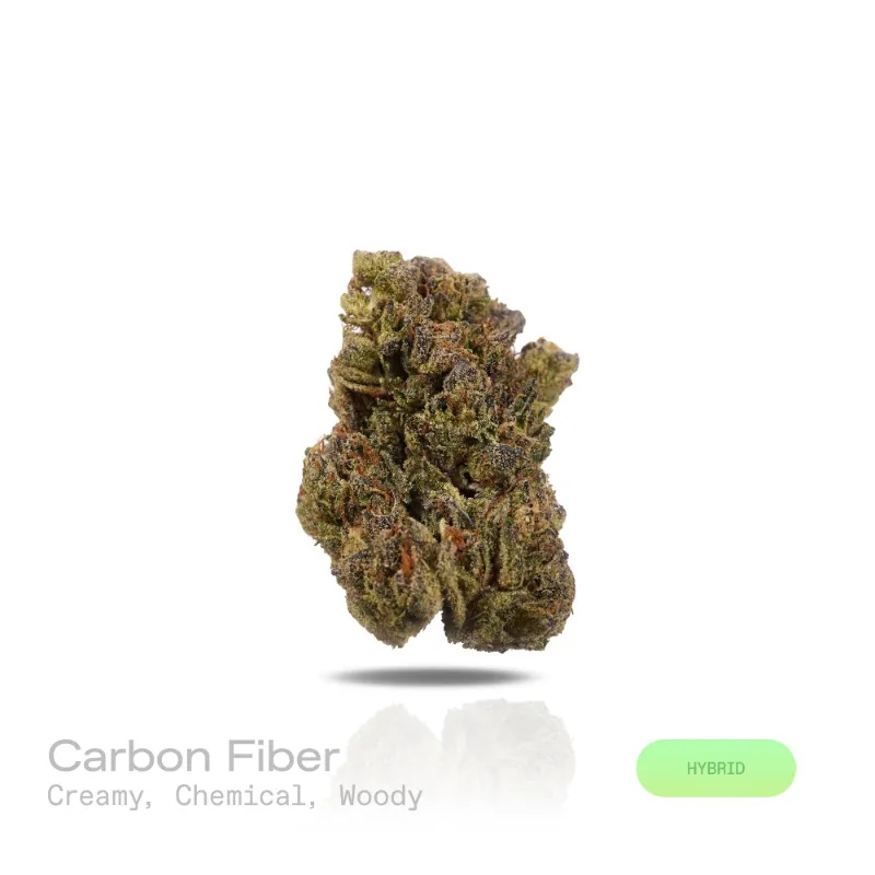 Hipuffy Carbon Fiber THCa Flower (Indoor) (Hybrid) showing dense purple-green buds with orange pistils and trichomes