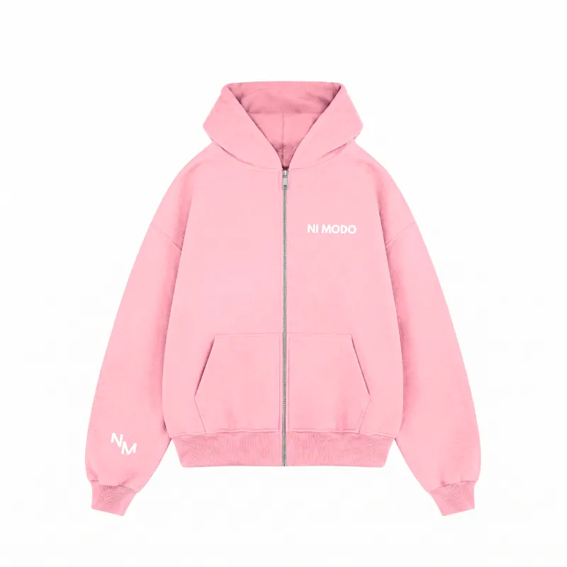 Nimodo Ni Modo Zip Up Hoodie in bubblegum pink with front and back printed graphics