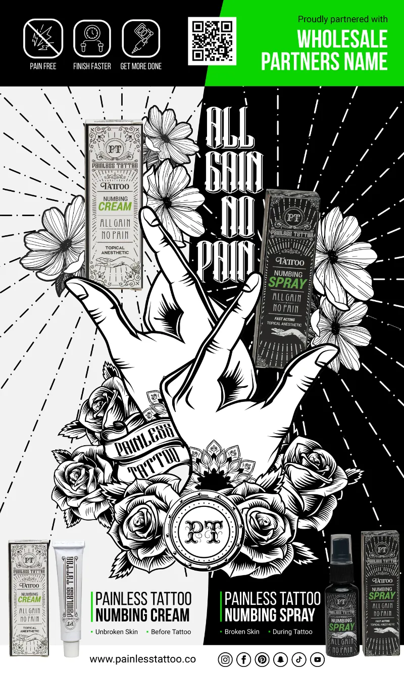 Painless Tattoo Vertical Banner design 2 hanging in a tattoo shop