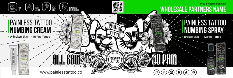 Painless Tattoo horizontal metal shop sign design 3 displayed in a studio