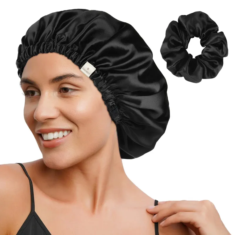 Yanibest Silk Butter Satin Bonnet in black shown with adjustable elastic band