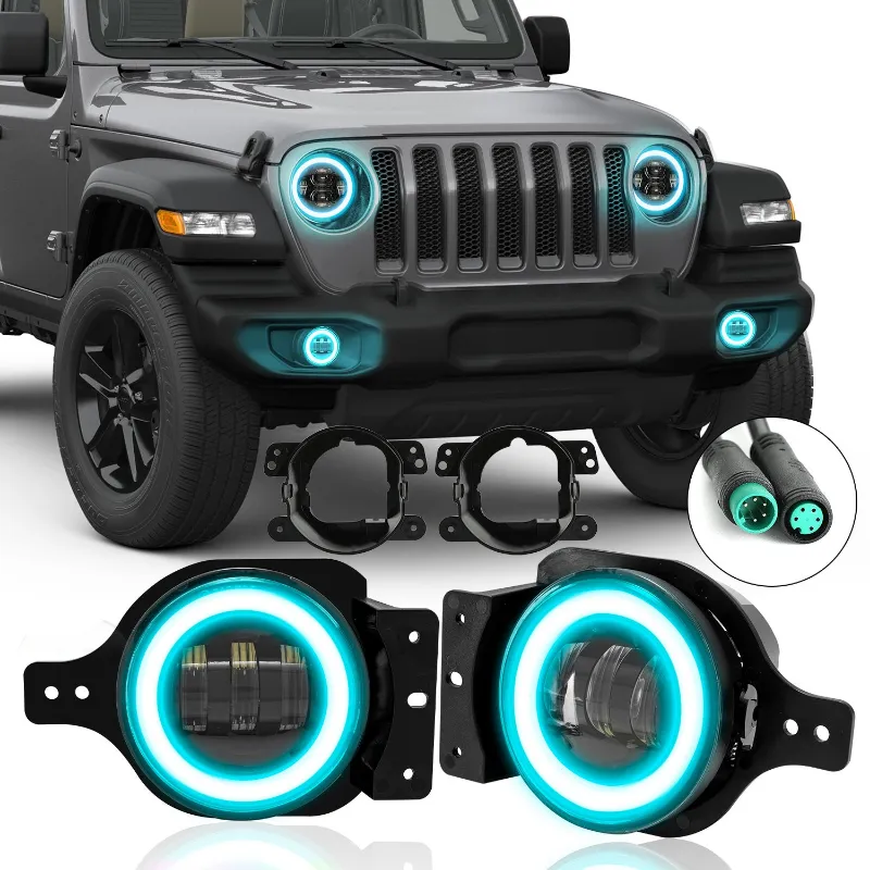 Sunpie 4-inch RGBW LED fog lights with dual back covers for 2018-2026 Jeep Wrangler JL and Gladiator JT