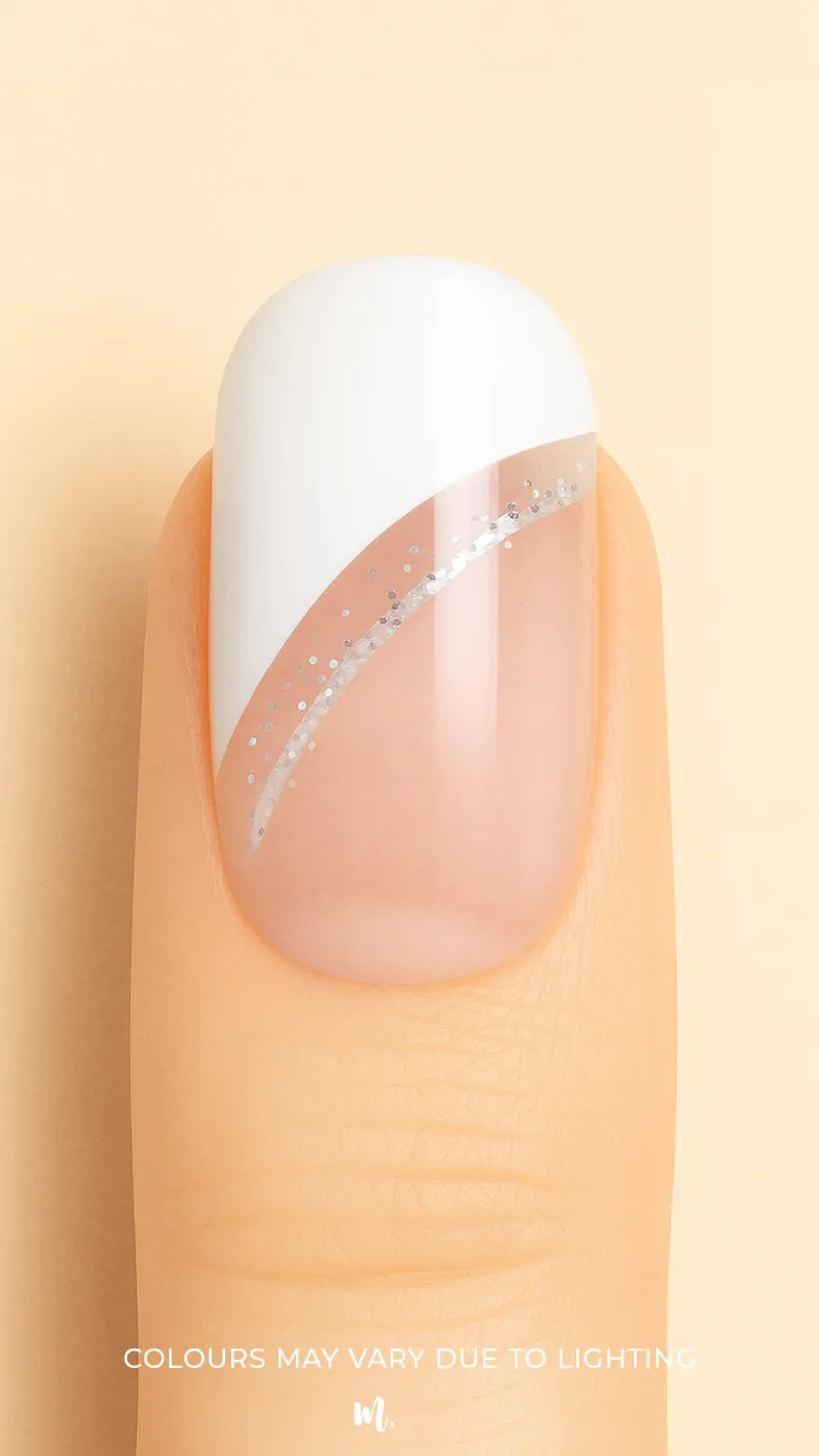 Muselot 'Moonlit Wave' French Tip Nail Stickies, curved white tips with silver sparkle on fingernails