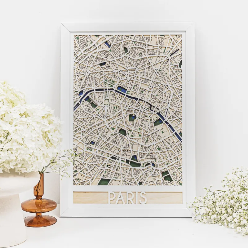 Enjoy The Wood 3D City Map Paris handcrafted layered wooden wall art showing French capital street layout