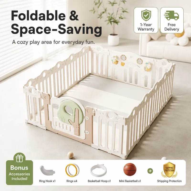 MamaRaya Foldable Baby Playpen Activity Center with Mat showing folding frame and play area