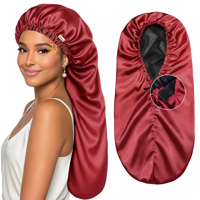 Yanibest Silk Butter Satin Bonnet for braids in burgundy red, shown with roomy adjustable fit