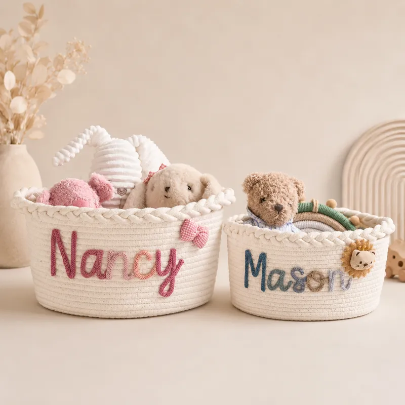 MamaRaya Personalized Baby Basket With Name in natural cotton rope with custom embroidered name