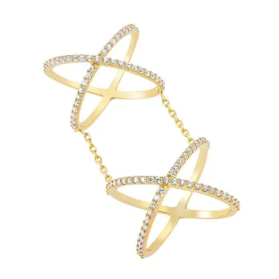 Amorium Jewelry Double Band Linked Silver Stacked X Ring with two connected X-shaped bands