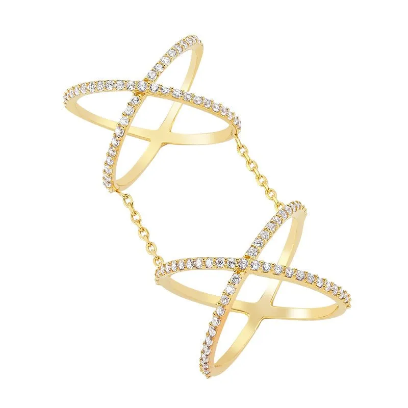 Amorium Jewelry Double Band Linked Silver Stacked X Ring with two connected X-shaped bands