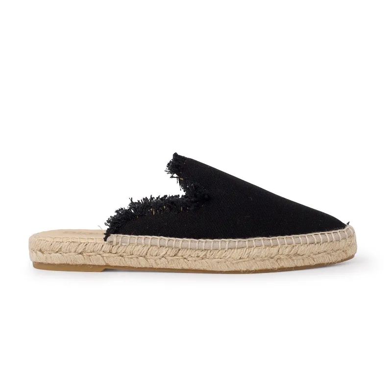BIANKINA Zaragoza Canvas Espadrille Mule Slides in black, showing organic cotton upper and jute sole