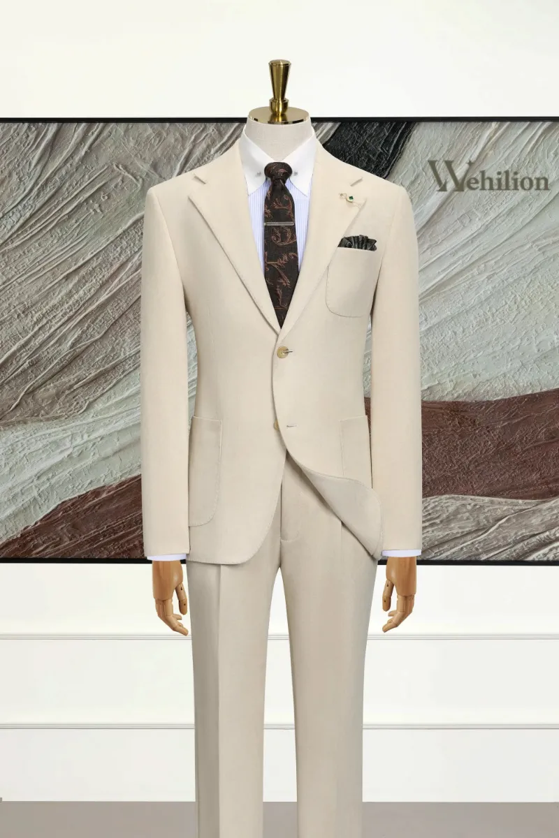 Wehilion Men's Beige Suede 2 Piece Suit, beige suede blazer and trousers