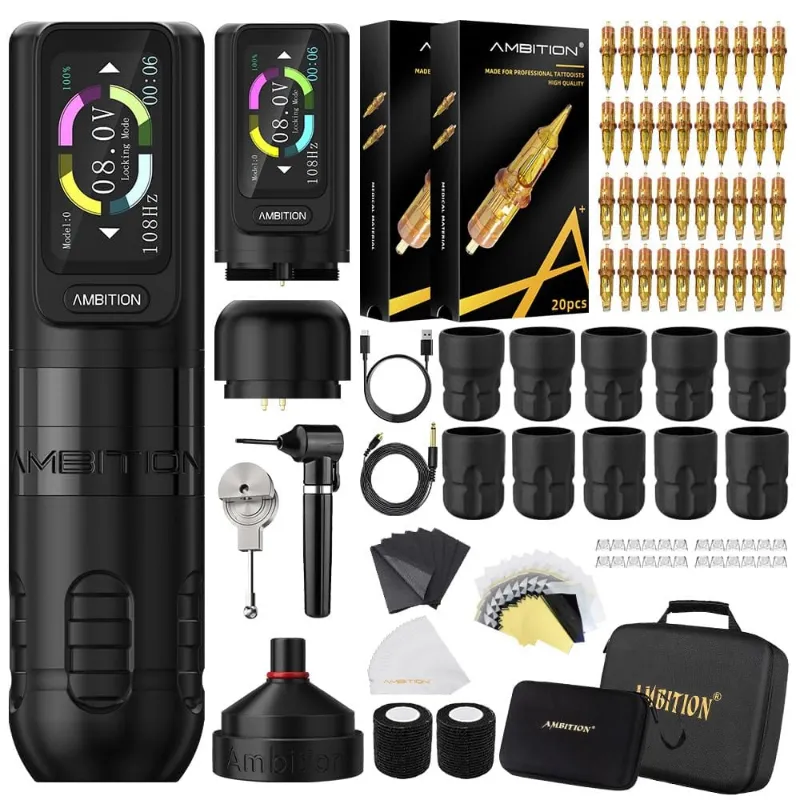 Ambition Tattoo Tattoo Kit Ambition Zetton Wireless Tattoo Machine Kit with touch screen and cartridge needles