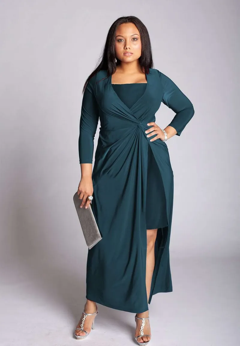 IGIGI Micha Plus Size Gown in Teal (Made To Order) floor-sweeping draped gown