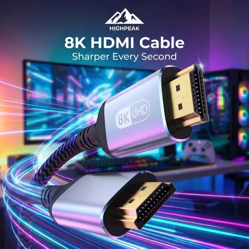 HighPeak 8K HDMI Cable, a black high-speed HDMI cable coiled for a home theater setup
