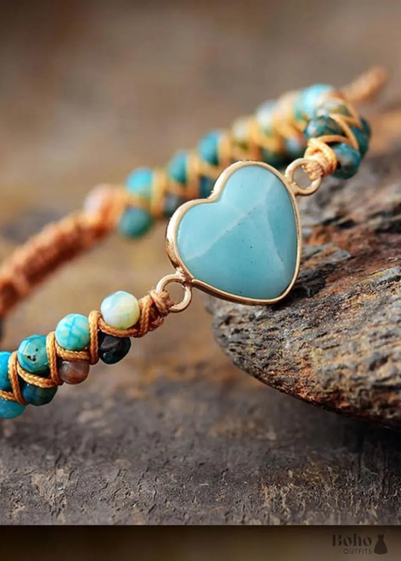 Boho Bracelet Macrame Friendship Bracelet with blue heart amazonite stone, shown on a neutral background