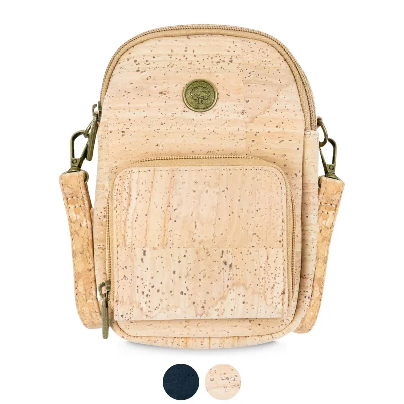 Corkadia Cork Crossbody Bag with Front Pocket showing minimalist vegan handbag in natural cork or black finish