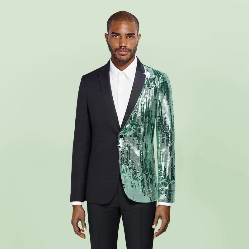 Cloudstyle C4B0050 Series Green Slim Fit Notch Lapel Half-Sequin Blazer