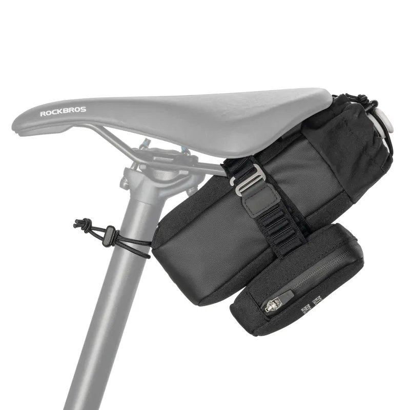 RockBros US 2 In 1 Bike Saddle Bag With Bottle Bag showing under-saddle mount with bottle holder and mini storage pouch