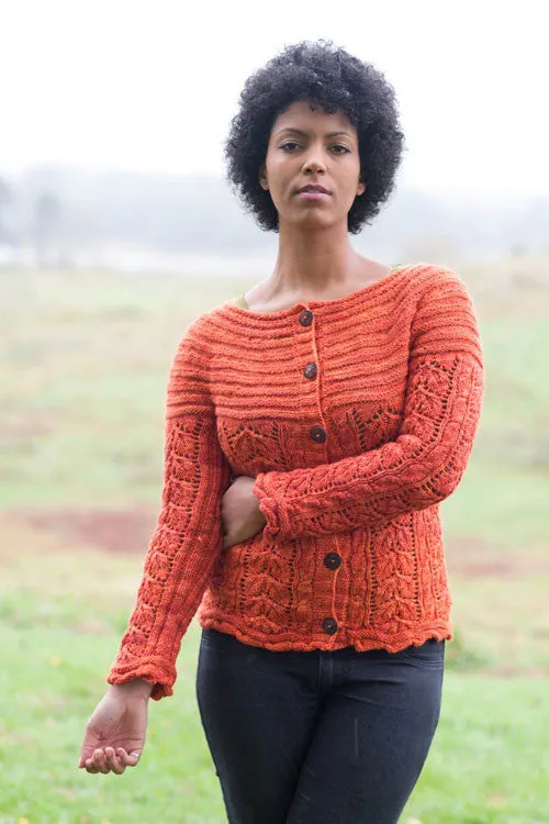 Kristen TenDyke September Spirit cardigan knitting pattern showing lacy leaf detail