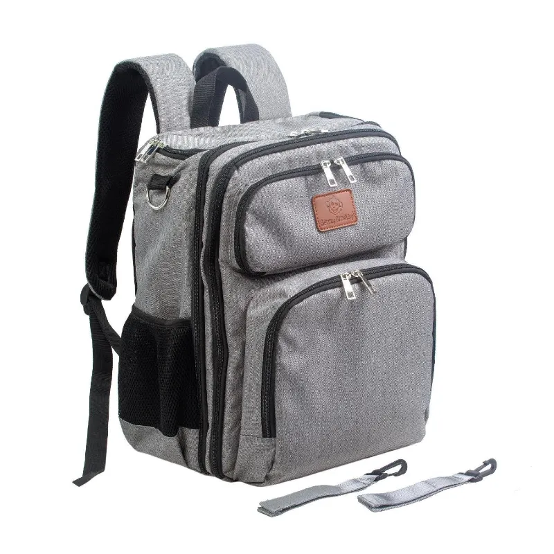 Benny's 3-in-1 Diaper Bag Backpack showing multiple compartments and stroller attachment straps