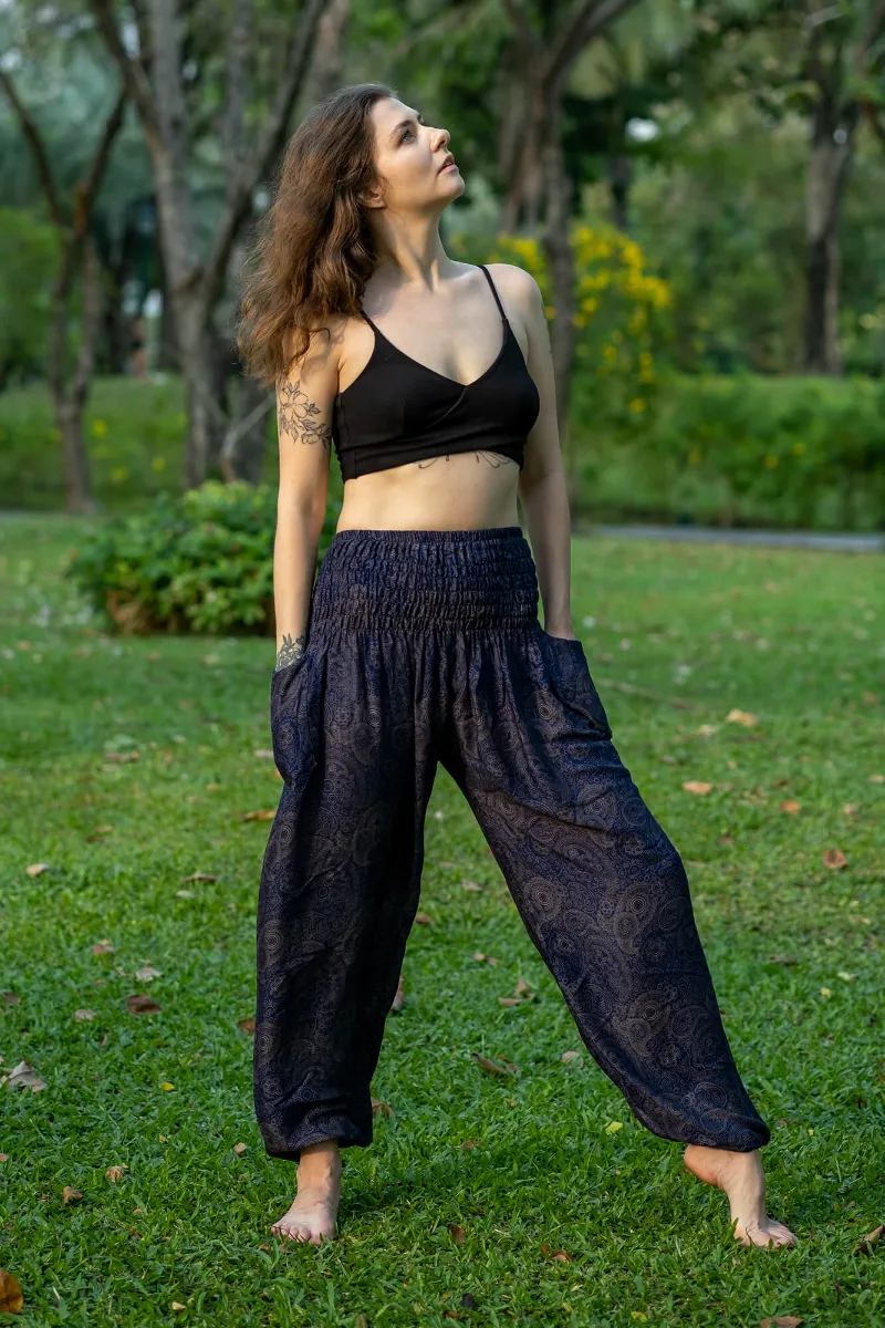 Hippie Pants Navy Flow Pants, loose-fitting bamboo rayon yoga pants with ankle cuffs and side pockets