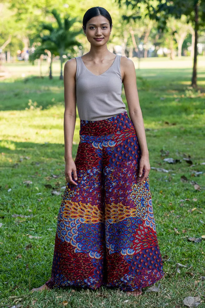 Hippie Pants Burgundy Ripple Palazzo Pants, wide-legged burgundy floral print pants