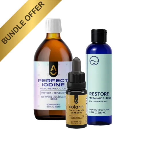 Activation Products Perfect Detox Bundle showing three bottles: Perfect Iodine Kit, Solaris, and Restore Ocean Minerals