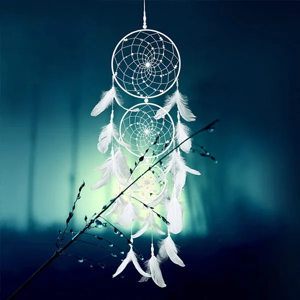 Juwas 3-Ring Dream Catcher displaying the tiered wood beads and feather details