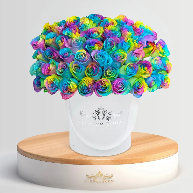 Flower Boom Dallas Rainbow Roses In a Box with multicolor hand-painted fresh roses in elegant box